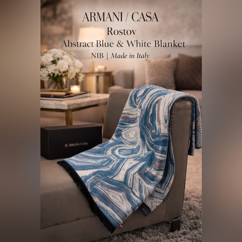 ARMANI CASA Rostov Abstract Blue & White Throw Blanket | NIB | Made in Italy